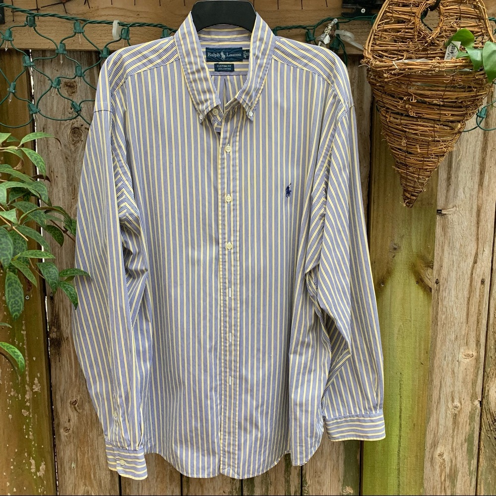 Ralph Lauren custom fit 100% cotton shirt Size XXL pin stripes: navy/yellow